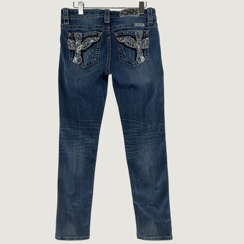 Miss Me Skinny Jeans Womens 30 Blue Mid Rise Distressed Sequin Wing Pockets